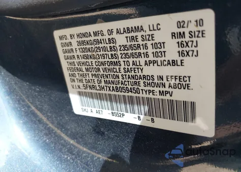 2010 Honda Odyssey Ex-L из США, поврежденный, VIN 5FNRL3H7XAB059450